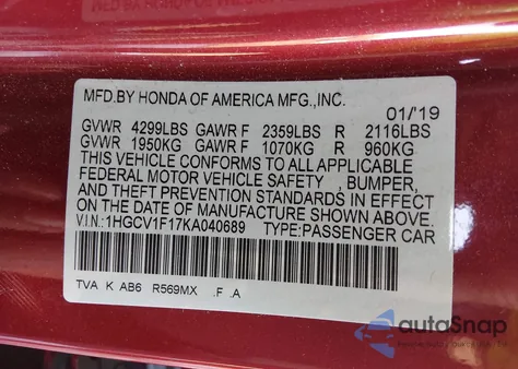 2019 Honda Accord Lx from USA, damaged, VIN 1HGCV1F17KA040689